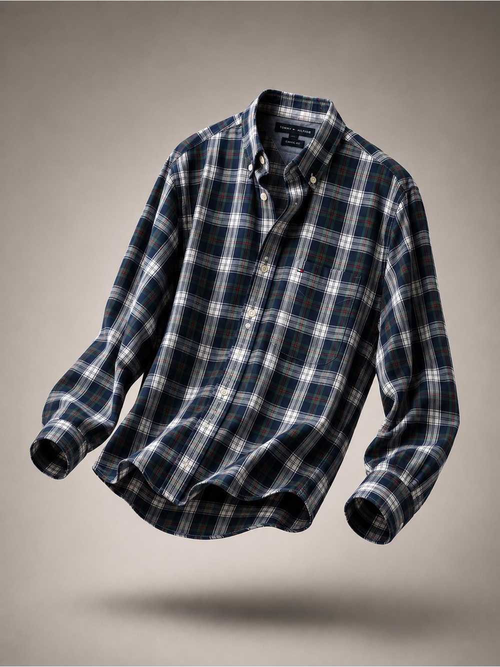 Tommy Hilfiger Navy and Green Plaid Button-Down Shirt